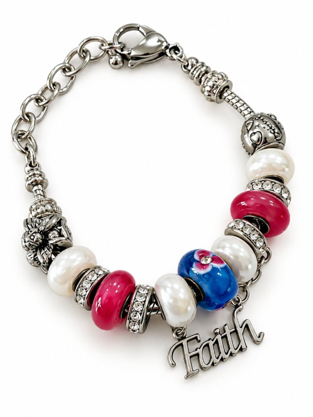 Pink Blue & Faux Pearl Beaded Faith Charm Bracelet